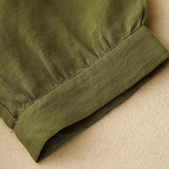 Buddha Stones Spring Plain Crew Neck Lace-up Half Sleeve Cotton Linen Midi Dress - image 6