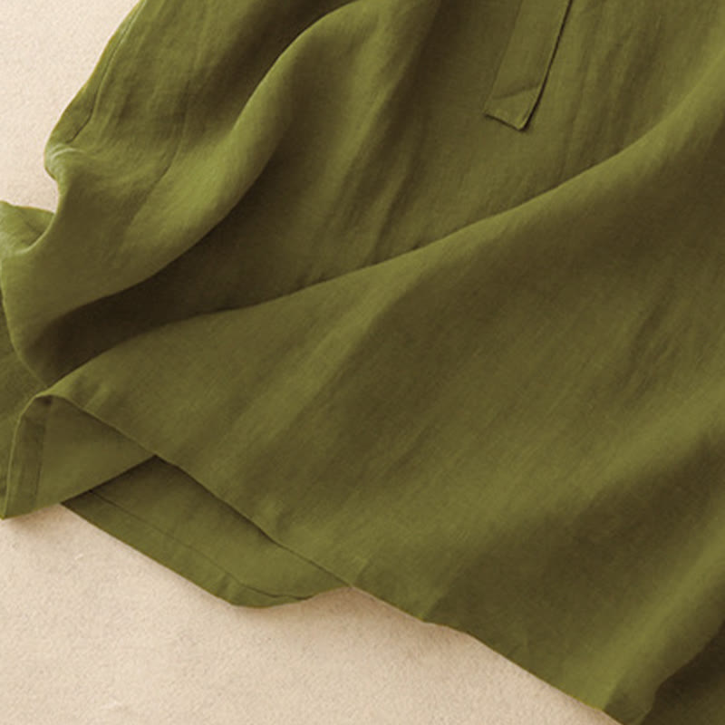 Buddha Stones Spring Plain Crew Neck Lace-up Half Sleeve Cotton Linen Midi Dress - image 10