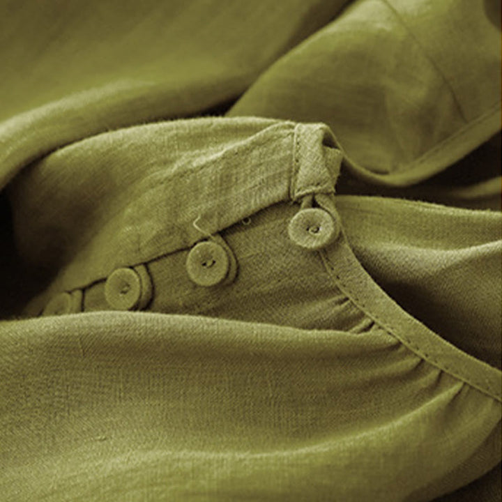 Buddha Stones Spring Plain Crew Neck Lace-up Half Sleeve Cotton Linen Midi Dress - image 9