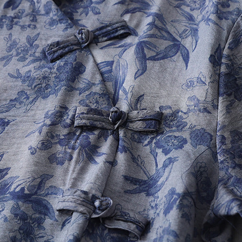 Buddha Stones Flower Leaf Print Frog-Button Half Sleeve Mandarin Collar Cotton Midi Dress - image 9