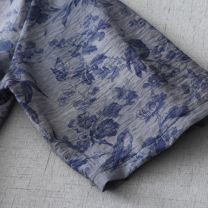 Buddha Stones Flower Leaf Print Frog-Button Half Sleeve Mandarin Collar Cotton Midi Dress - image 10