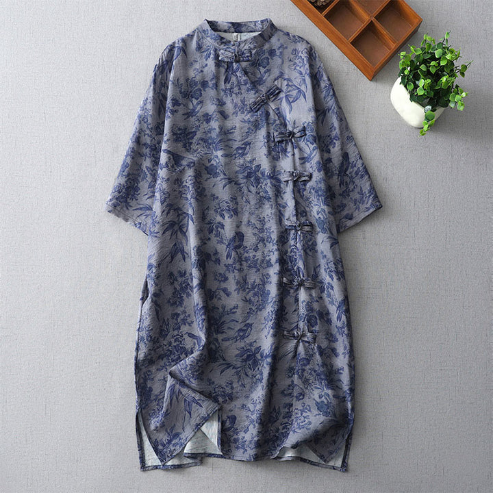 Buddha Stones Flower Leaf Print Frog-Button Half Sleeve Mandarin Collar Cotton Midi Dress - RoyalBlue - US8-10，UK/AU12-14，EU40-42 (2XL) - image 0