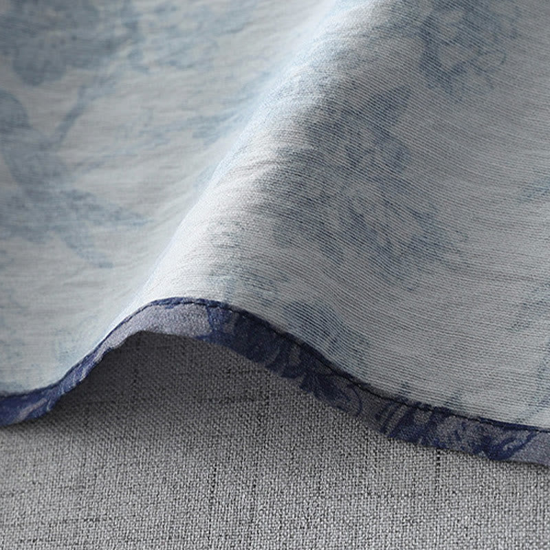 Buddha Stones Flower Leaf Print Frog-Button Half Sleeve Mandarin Collar Cotton Midi Dress - image 8