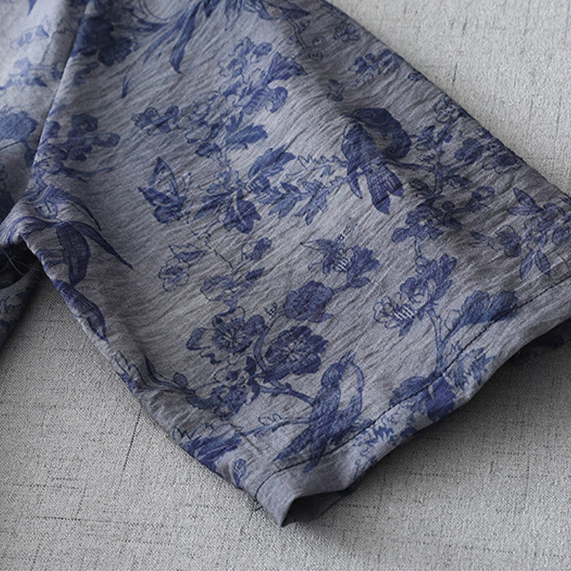 Buddha Stones Flower Leaf Print Frog-Button Half Sleeve Mandarin Collar Cotton Midi Dress - image 10