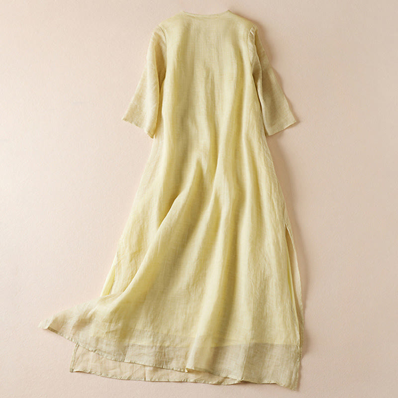 Buddha Stones Embroidered Leaf Crew Neck Half Sleeve Cotton Fiber Midi Dress - image 1