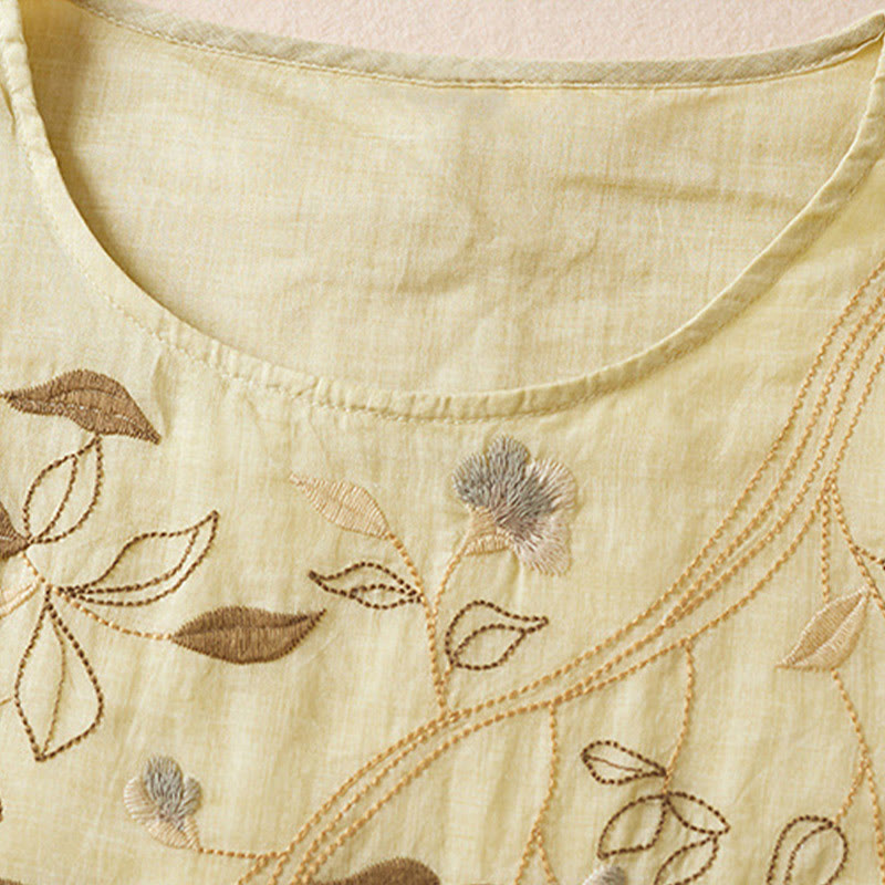 Buddha Stones Embroidered Leaf Crew Neck Half Sleeve Cotton Fiber Midi Dress - image 3