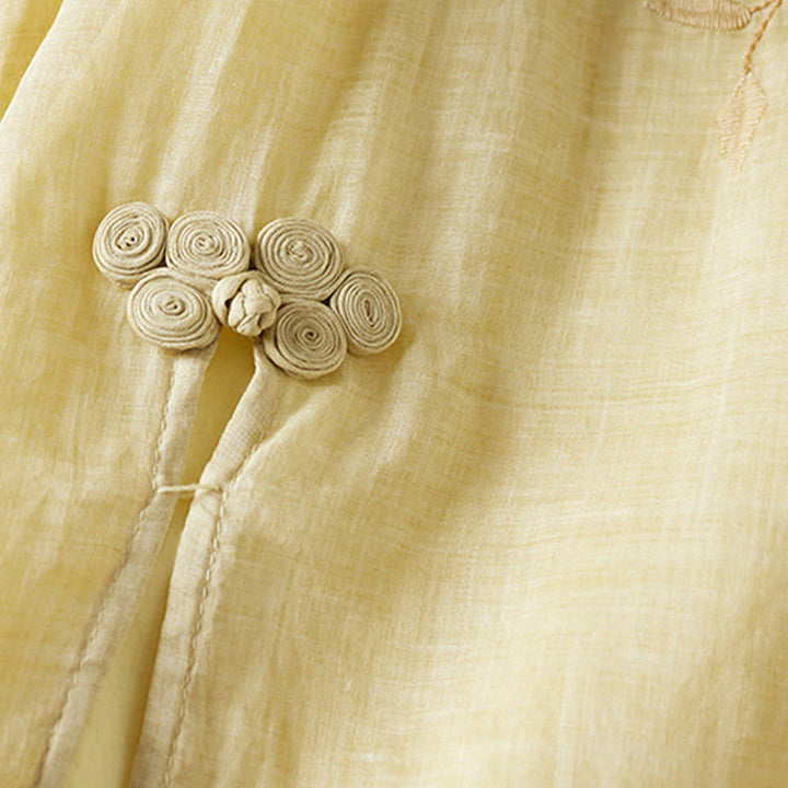 Buddha Stones Embroidered Leaf Crew Neck Half Sleeve Fiber Midi Dress - image 4