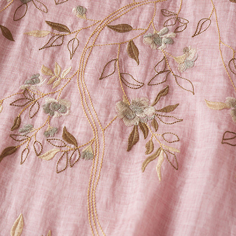 Buddha Stones Embroidered Leaf Crew Neck Half Sleeve Fiber Midi Dress - image 20