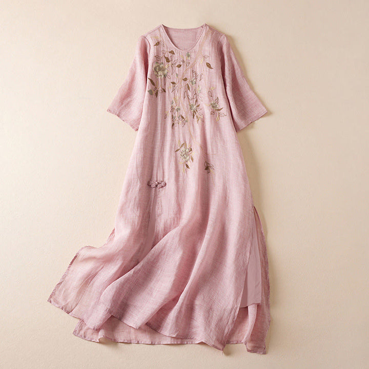 Buddha Stones Embroidered Leaf Crew Neck Half Sleeve Fiber Midi Dress - Pink - US8-10，UK/AU12-14，EU40-42 (2XL) - image 14