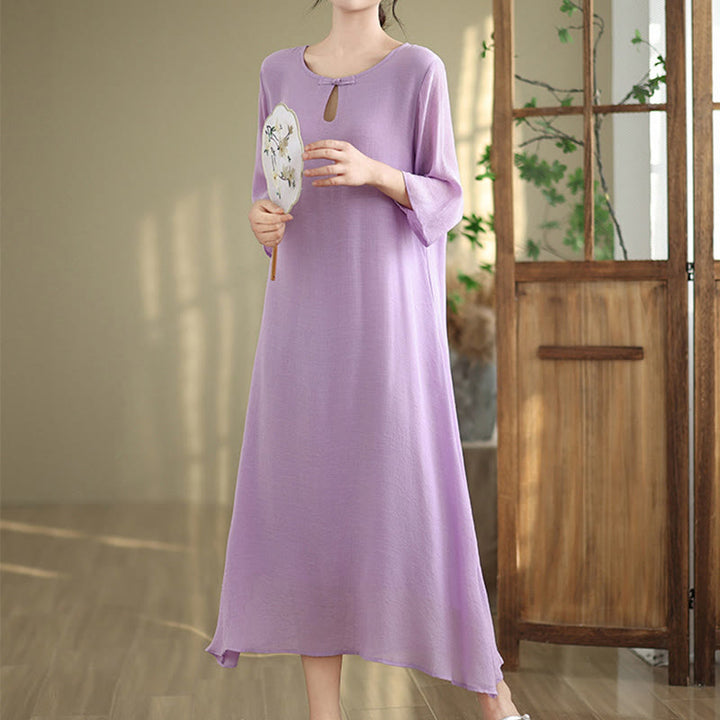 Buddha Stones Casual Plain Frog-Button Crew Neck Three Quarter Sleeve Cotton Midi Dress - Plum - US8-10，UK/AU12-14，EU40-42 (2XL) - image 0