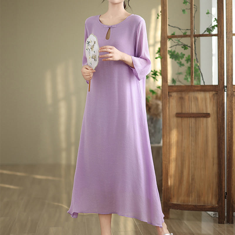 Buddha Stones Casual Plain Frog-Button Crew Neck Three Quarter Sleeve Cotton Midi Dress - Plum - US8-10，UK/AU12-14，EU40-42 (2XL) - image 0