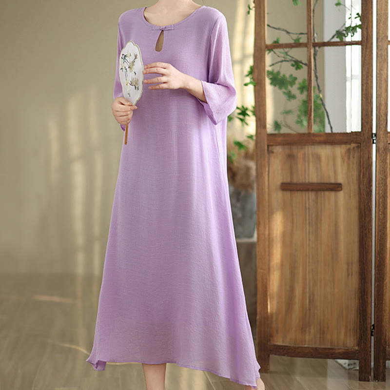 Buddha Stones Casual Plain Frog-Button Crew Neck Three Quarter Sleeve Cotton Midi Dress - image 5
