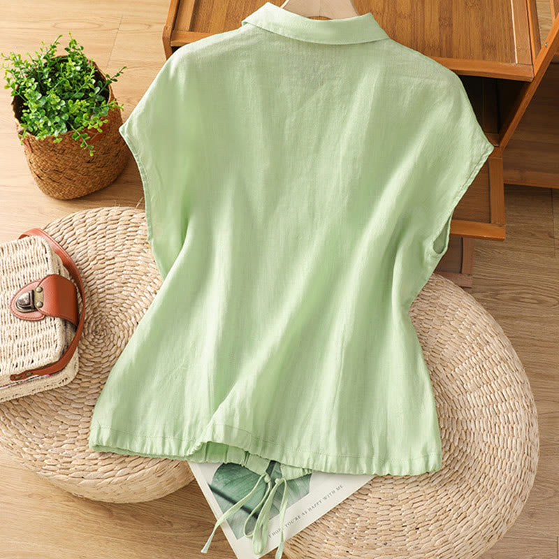 Buddha Stones Summer Plain Color Button Short Sleeve Women's Cotton Shirt - image 15