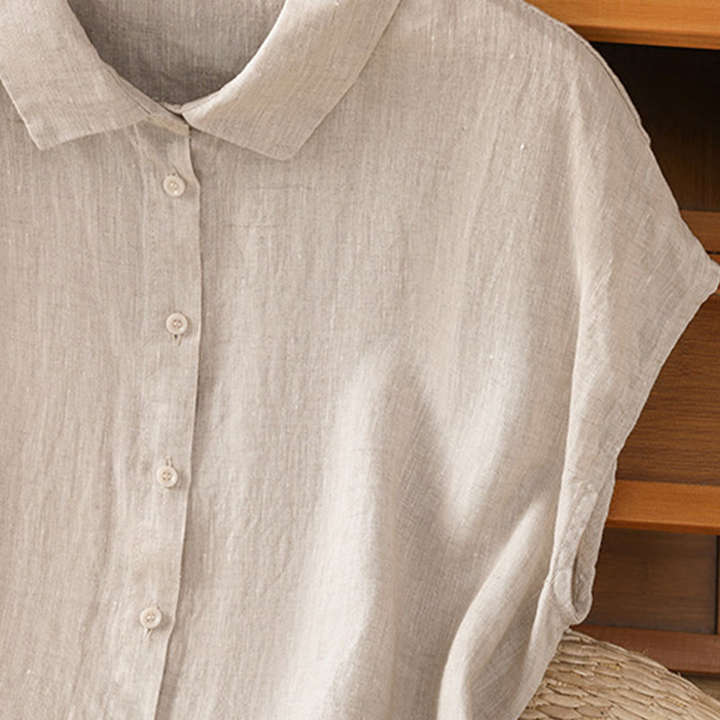 Buddha Stones Summer Plain Color Button Short Sleeve Women's Cotton Shirt - image 27