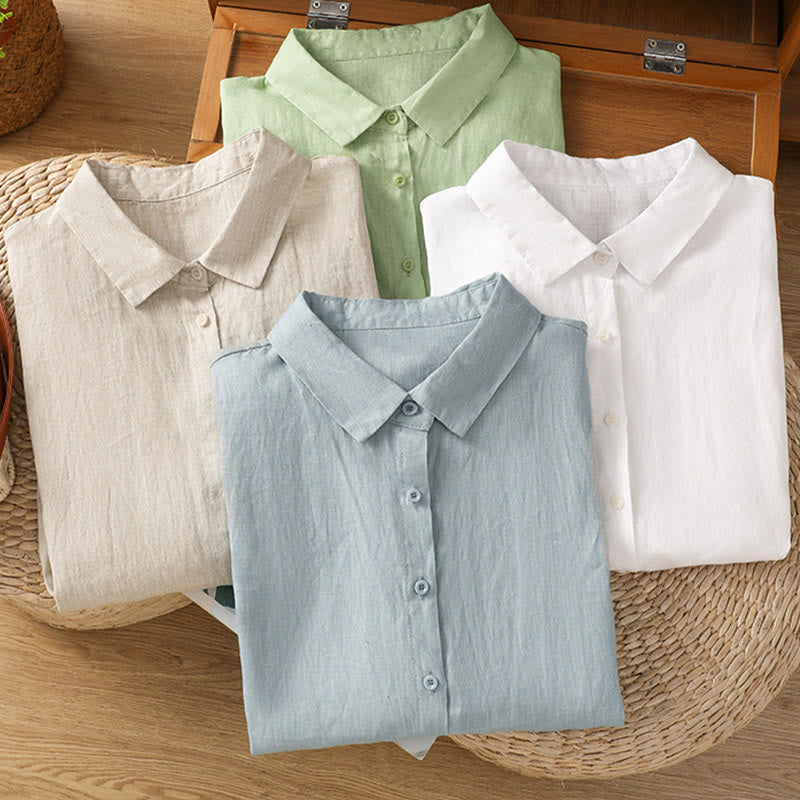 Buddha Stones Summer Plain Color Button Short Sleeve Women's Cotton Shirt - image 2