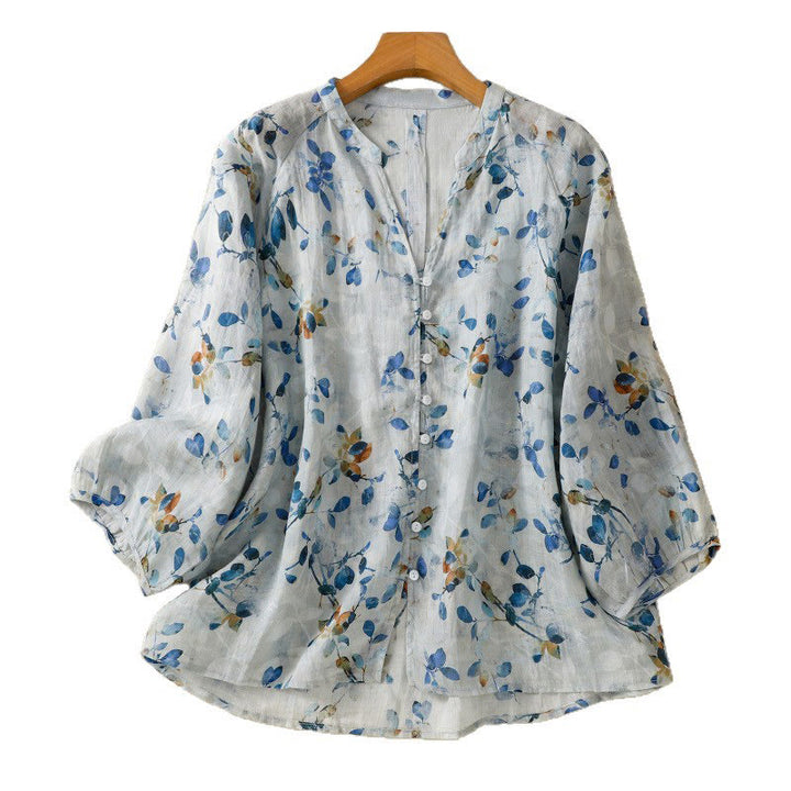 Buddha Stones Blue Floral V-Neck Three Quarter Sleeve Women's Cotton Shirt - image 16