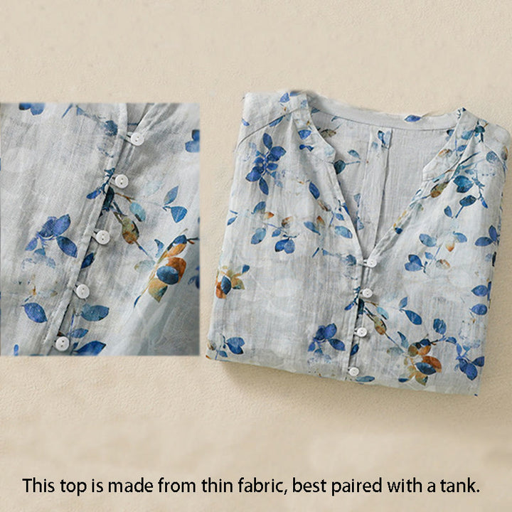 Buddha Stones Blue Floral V-Neck Three Quarter Sleeve Women's Cotton Shirt - image 3