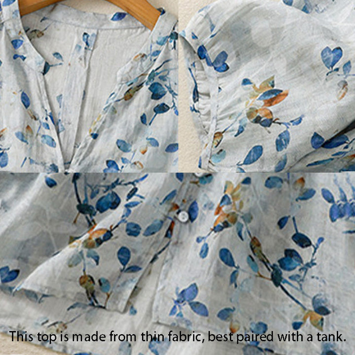 Buddha Stones Blue Floral V-Neck Three Quarter Sleeve Women's Cotton Shirt - image 14