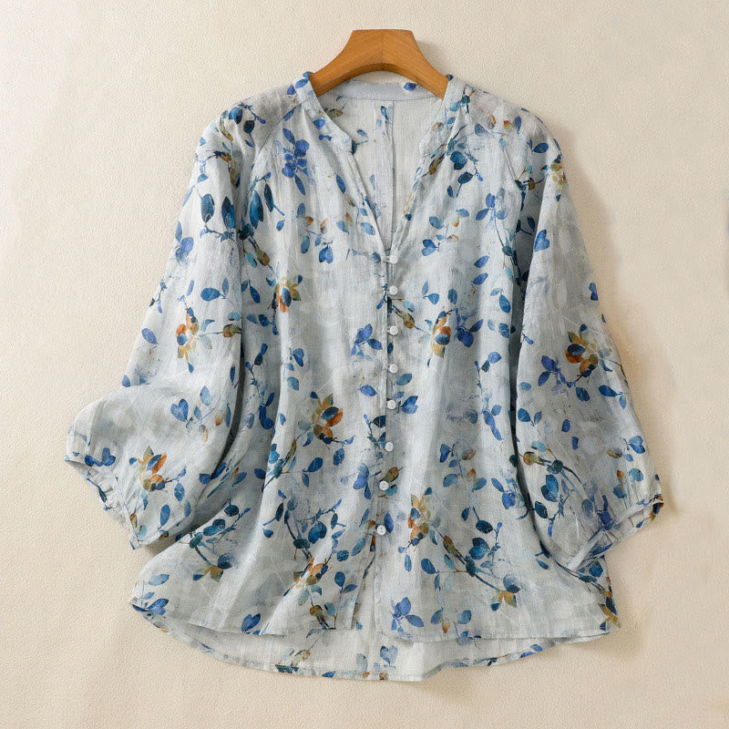 Buddha Stones Blue Floral V-Neck Three Quarter Sleeve Women's Cotton Shirt - LightBlue - US14，UK/AU18，EU46 (2XL) - image 0
