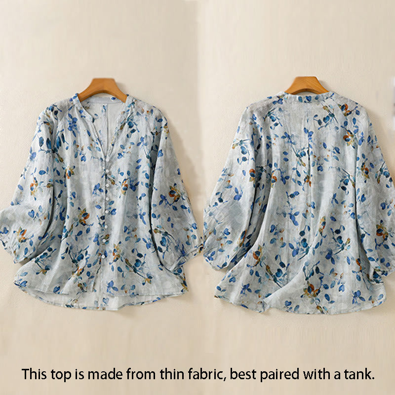 Buddha Stones Blue Floral V-Neck Three Quarter Sleeve Women's Cotton Shirt - image 4