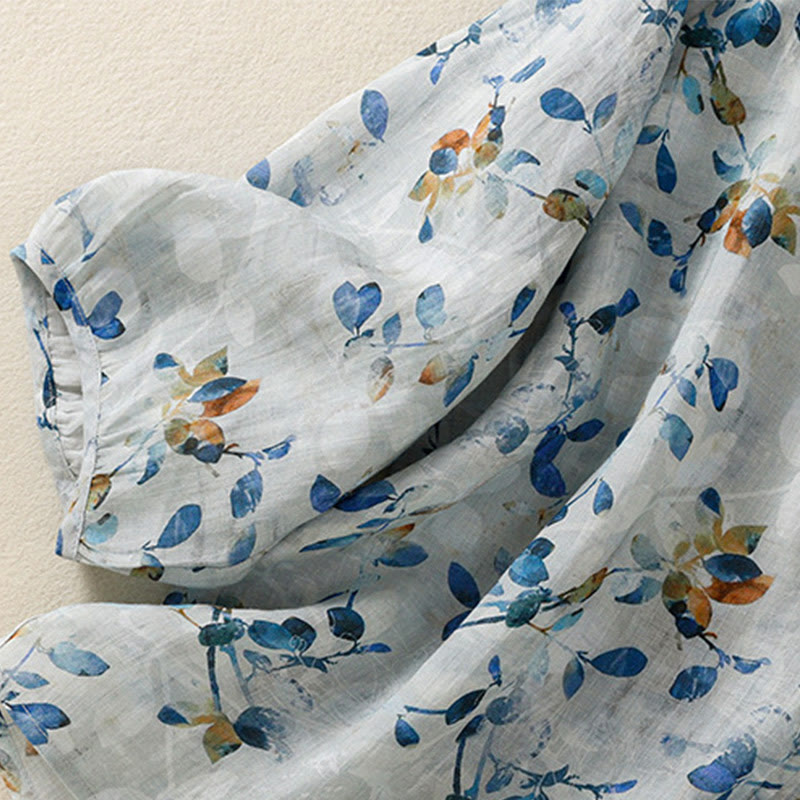 Buddha Stones Blue Floral V-Neck Three Quarter Sleeve Women's Cotton Shirt - image 12