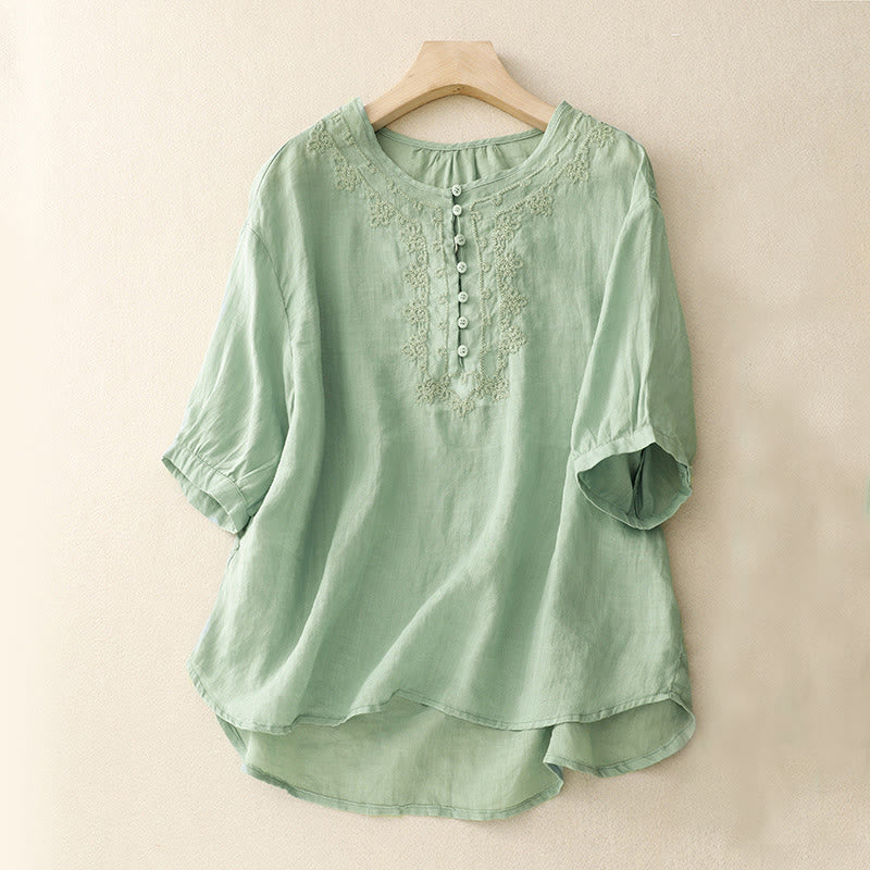 Buddha Stones Line Embroidery Button Crew Neck Half Sleeve Women's Cotton Shirt - LightBlue - US14，UK/AU18，EU46 (2XL) - image 0