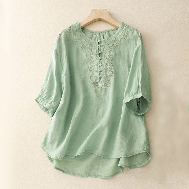 Buddha Stones Line Embroidery Button Crew Neck Half Sleeve Women's Cotton Shirt - LightBlue - US14，UK/AU18，EU46 (2XL) - image 0