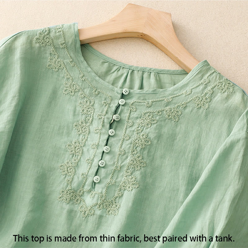 Buddha Stones Line Embroidery Button Crew Neck Half Sleeve Women's Cotton Shirt - image 1