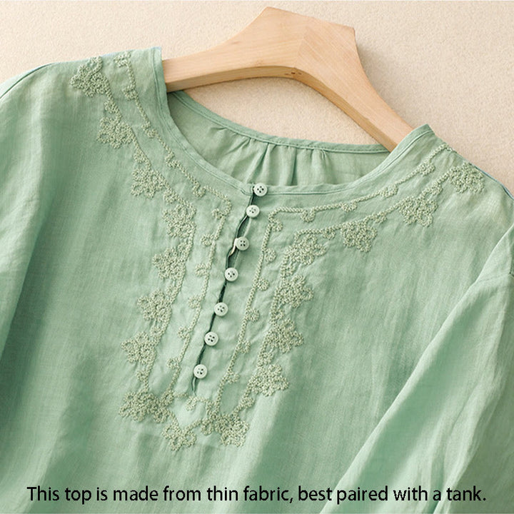 Buddha Stones Line Embroidery Button Crew Neck Half Sleeve Women's Cotton Shirt - image 1