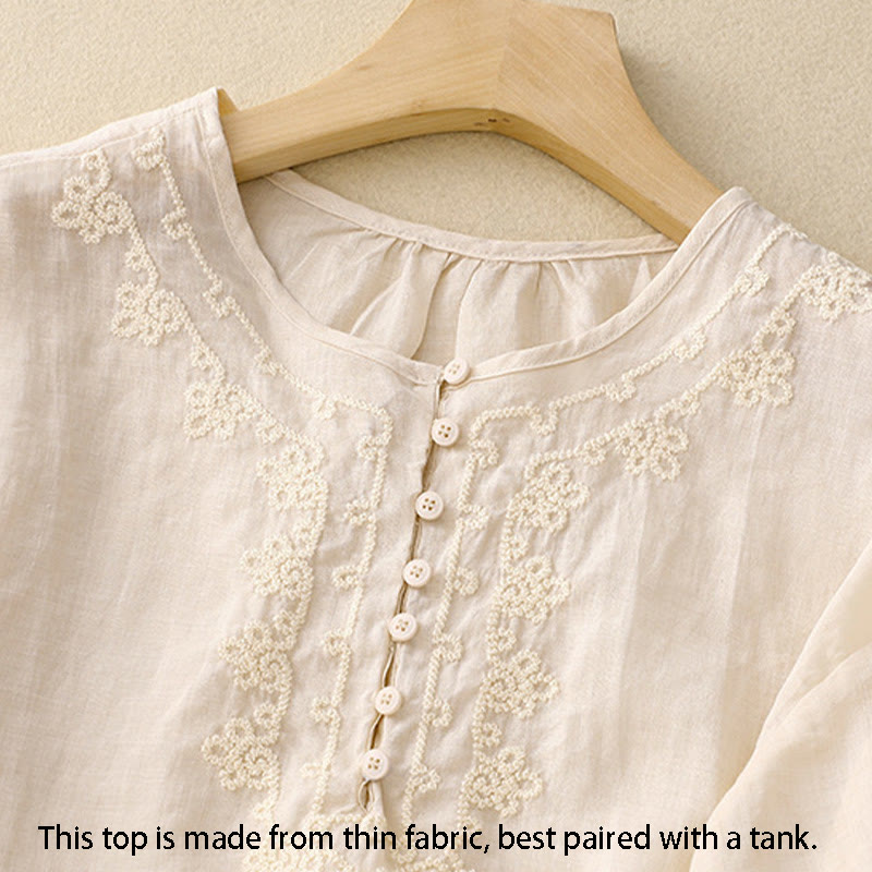 Buddha Stones Line Embroidery Button Crew Neck Half Sleeve Women's Cotton Shirt - image 6