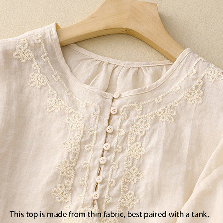 Buddha Stones Line Embroidery Button Crew Neck Half Sleeve Women's Cotton Shirt - image 6