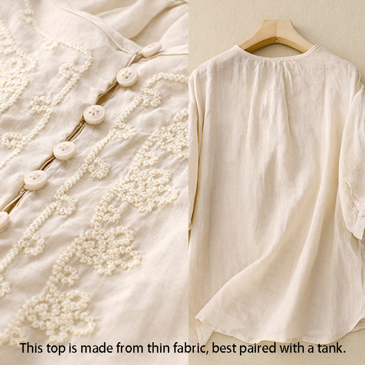 Buddha Stones Line Embroidery Button Crew Neck Half Sleeve Women's Cotton Shirt - image 10