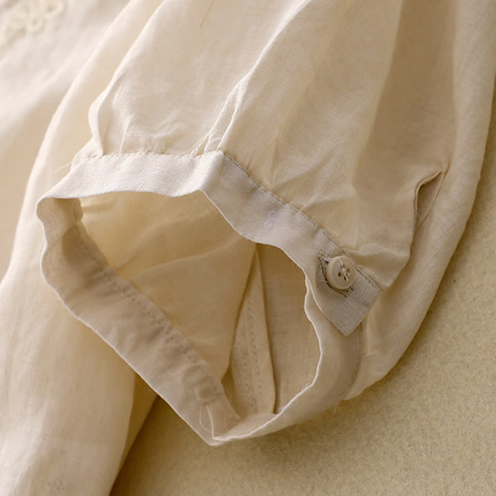 Buddha Stones Line Embroidery Button Crew Neck Half Sleeve Women's Cotton Shirt - image 8