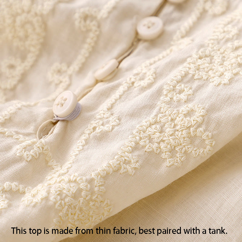 Buddha Stones Line Embroidery Button Crew Neck Half Sleeve Women's Cotton Shirt - image 7