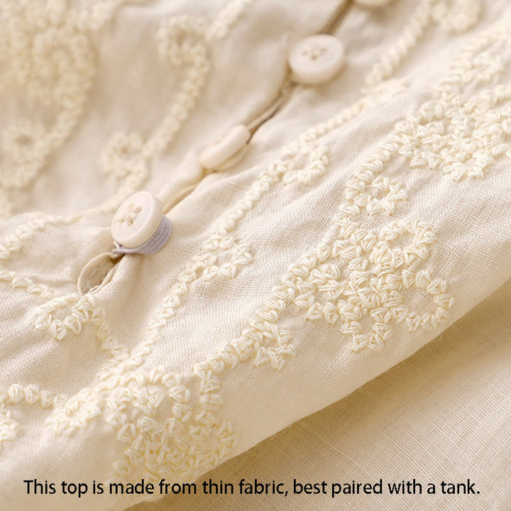 Buddha Stones Line Embroidery Button Crew Neck Half Sleeve Women's Cotton Shirt - image 7