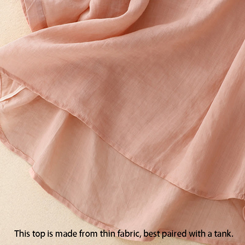 Buddha Stones Line Embroidery Button Crew Neck Half Sleeve Women's Cotton Shirt - image 16