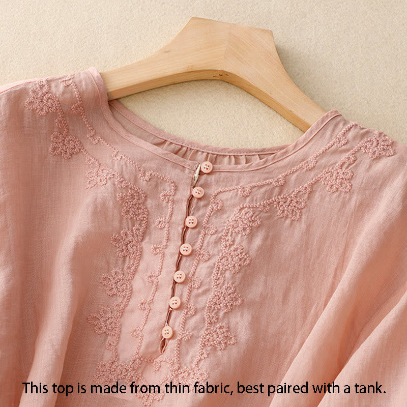 Buddha Stones Line Embroidery Button Crew Neck Half Sleeve Women's Cotton Shirt - image 13