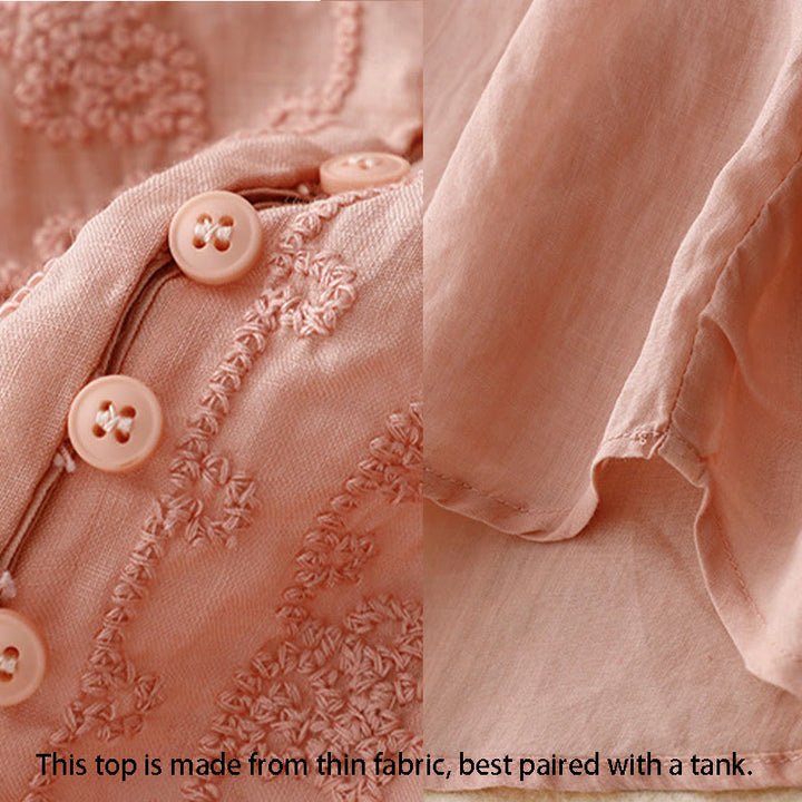 Buddha Stones Line Embroidery Button Crew Neck Half Sleeve Women's Cotton Shirt - image 14