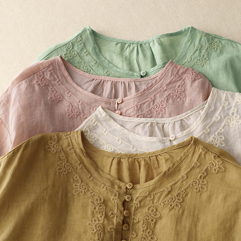 Buddha Stones Line Embroidery Button Crew Neck Half Sleeve Women's Cotton Shirt - image 19