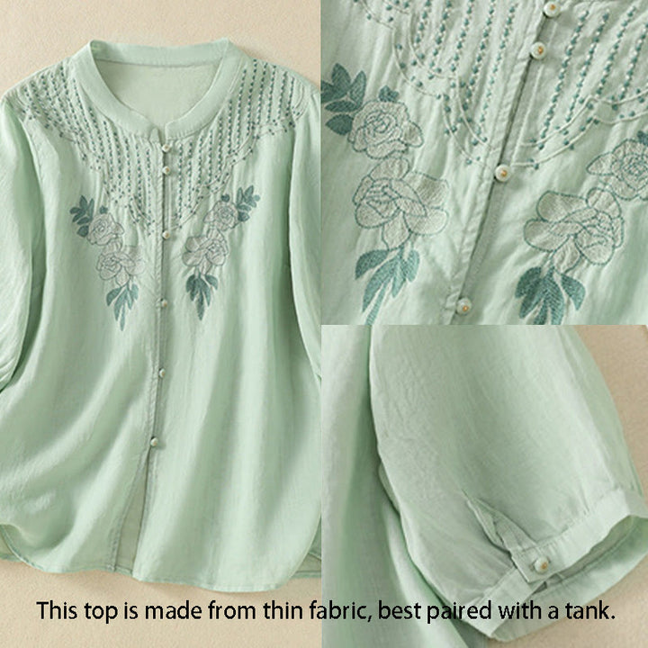 Buddha Stones Rose Floral Embroidery Button Half Sleeve Women's Cotton Shirt - image 3