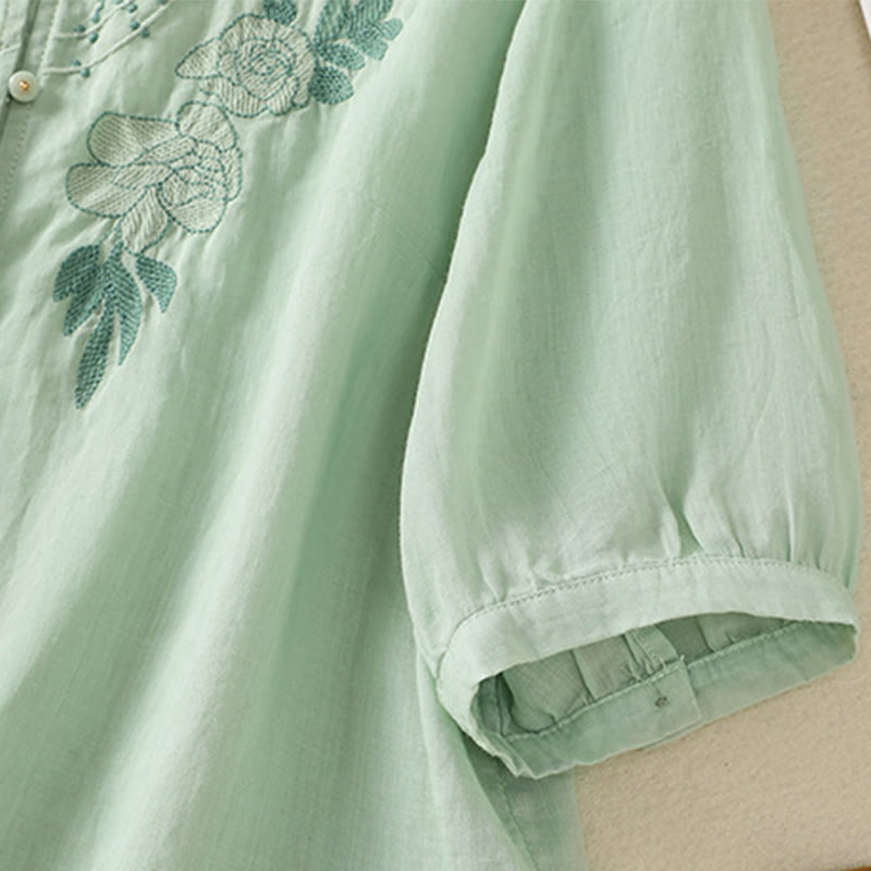 Buddha Stones Rose Floral Embroidery Button Half Sleeve Women's Cotton Shirt - image 8