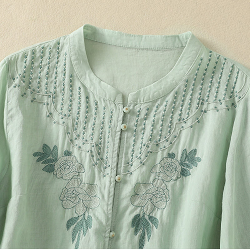 Buddha Stones Rose Floral Embroidery Button Half Sleeve Women's Cotton Shirt - image 4