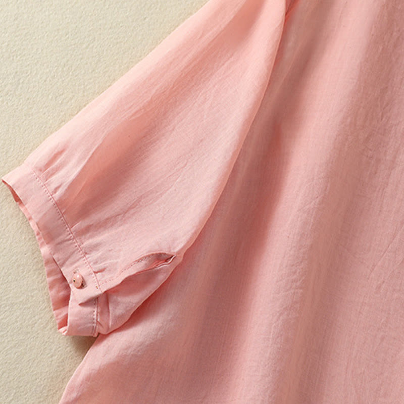 Buddha Stones Rose Floral Embroidery Button Half Sleeve Women's Cotton Shirt - image 19