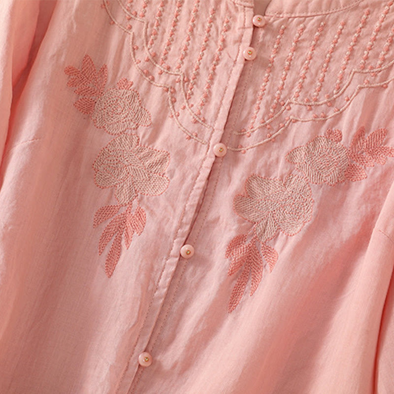 Buddha Stones Rose Floral Embroidery Button Half Sleeve Women's Cotton Shirt - image 17