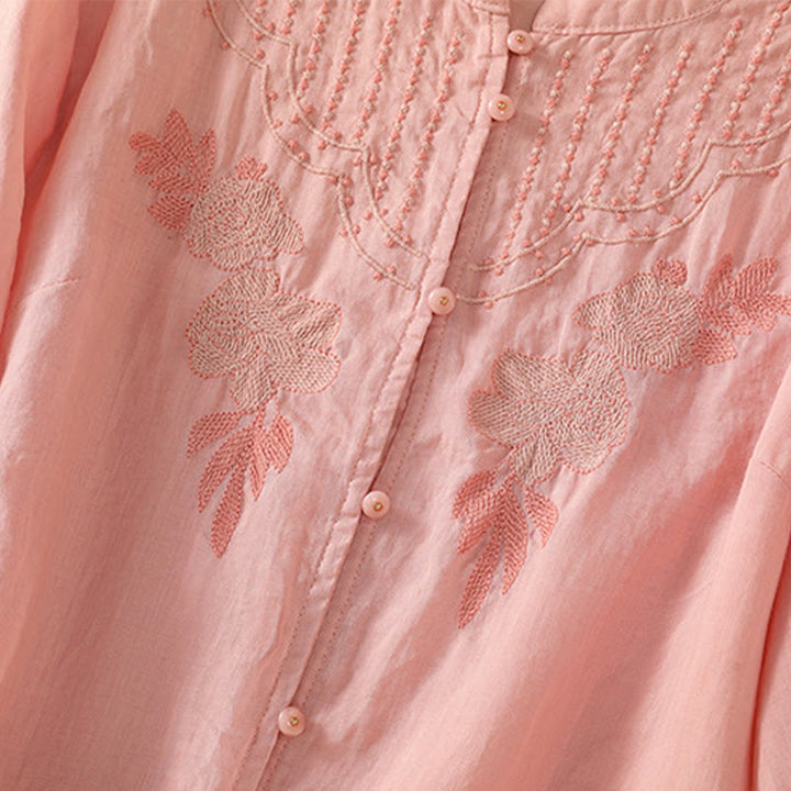 Buddha Stones Rose Floral Embroidery Button Half Sleeve Women's Cotton Shirt - image 17