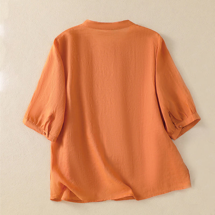Buddha Stones Rose Floral Embroidery Button Half Sleeve Women's Cotton Shirt - image 24