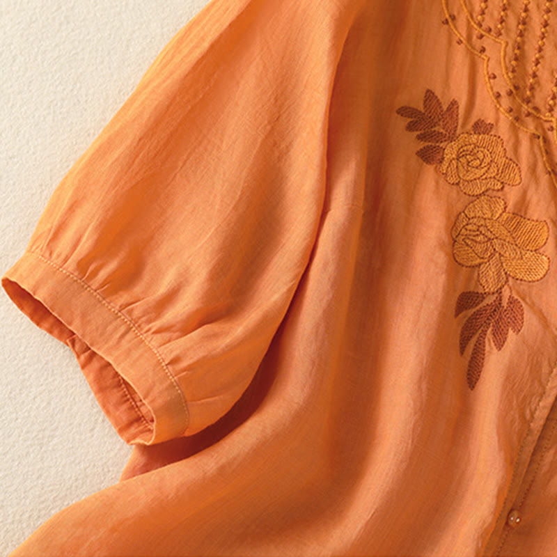 Buddha Stones Rose Floral Embroidery Button Half Sleeve Women's Cotton Shirt - image 30