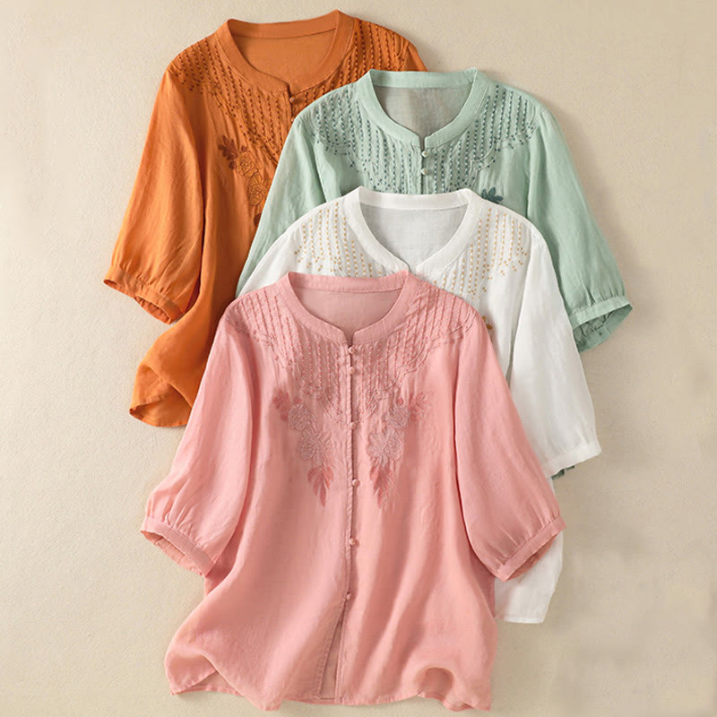 Buddha Stones Rose Floral Embroidery Button Half Sleeve Women's Cotton Shirt - image 1