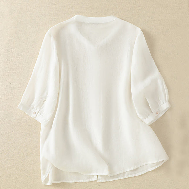 Buddha Stones Rose Floral Embroidery Button Half Sleeve Women's Cotton Shirt - image 34