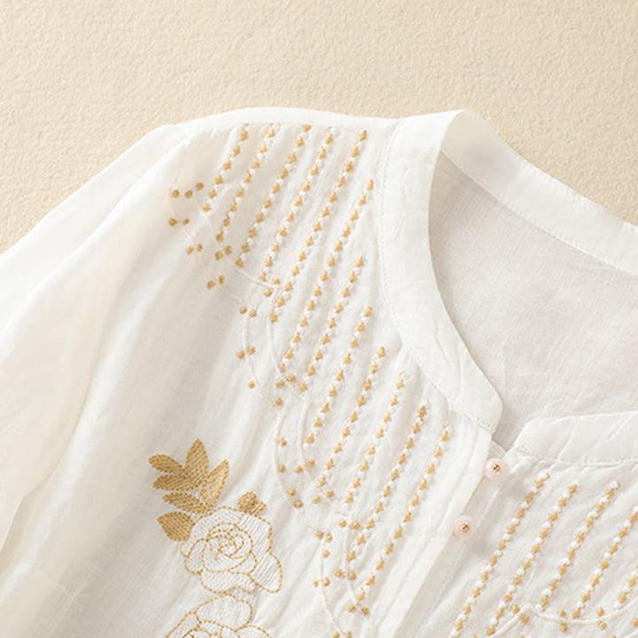 Buddha Stones Rose Floral Embroidery Button Half Sleeve Women's Cotton Shirt - image 37